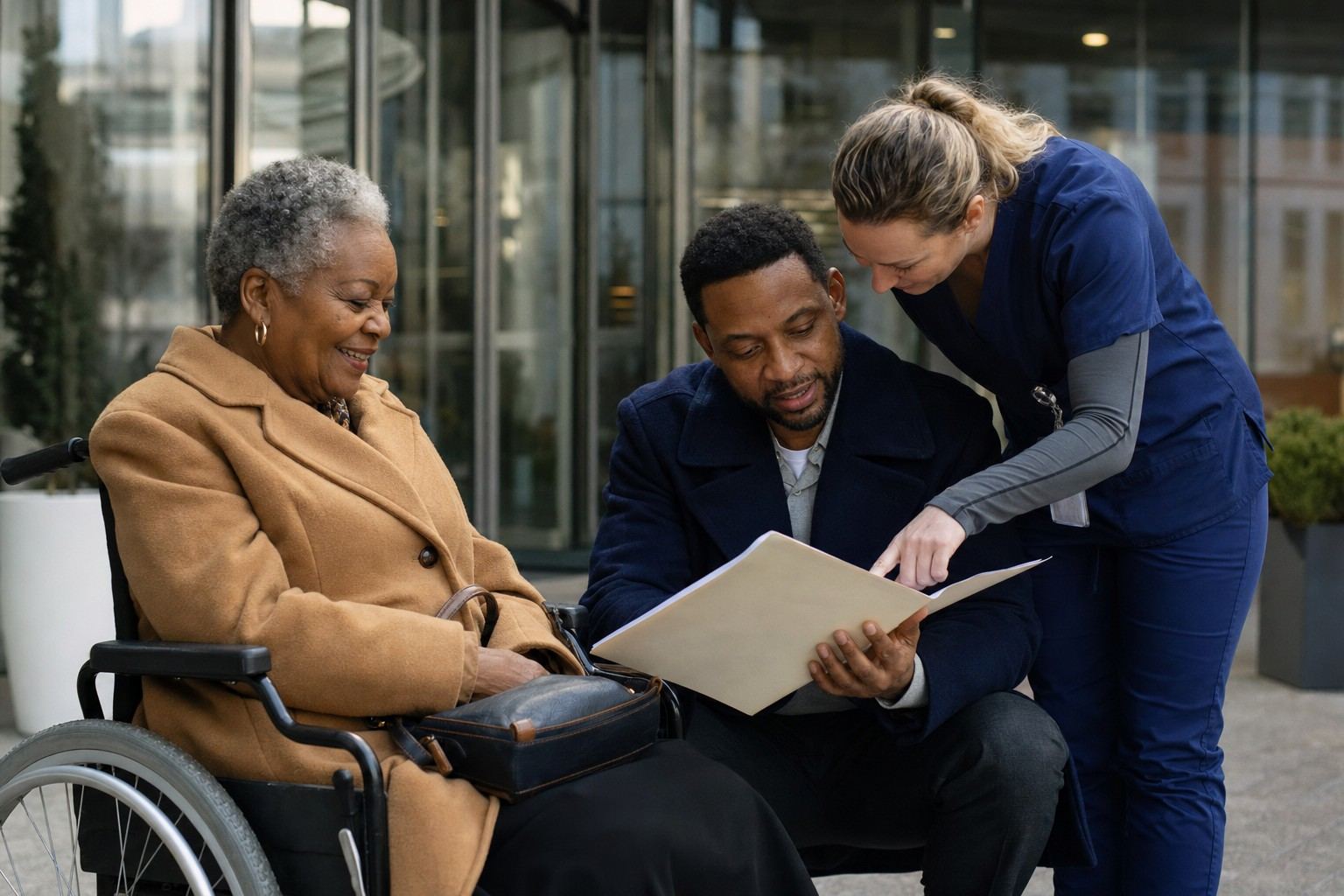 An older woman in a wheelchair, her adult son and a nurse look over a folder of discharge papers together outside a hospital entrance.