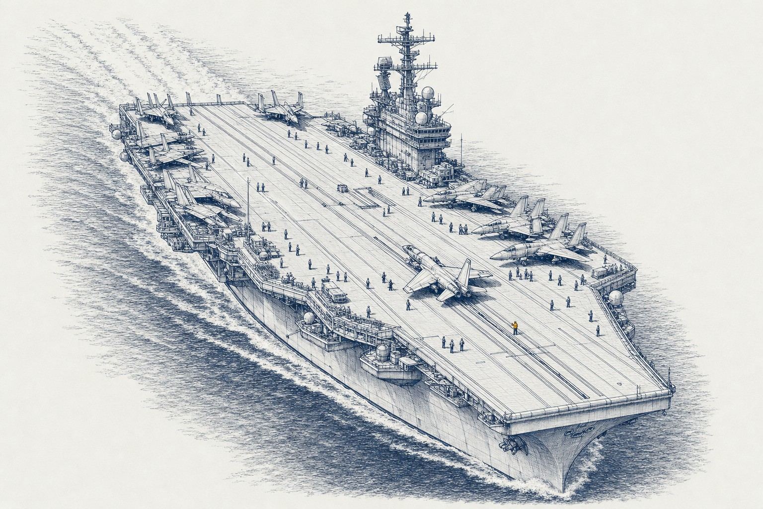 Pen-and-ink drawing of an aircraft carrier under way, seen from above and astern, with jets parked on the flight deck and tiny crew figures.