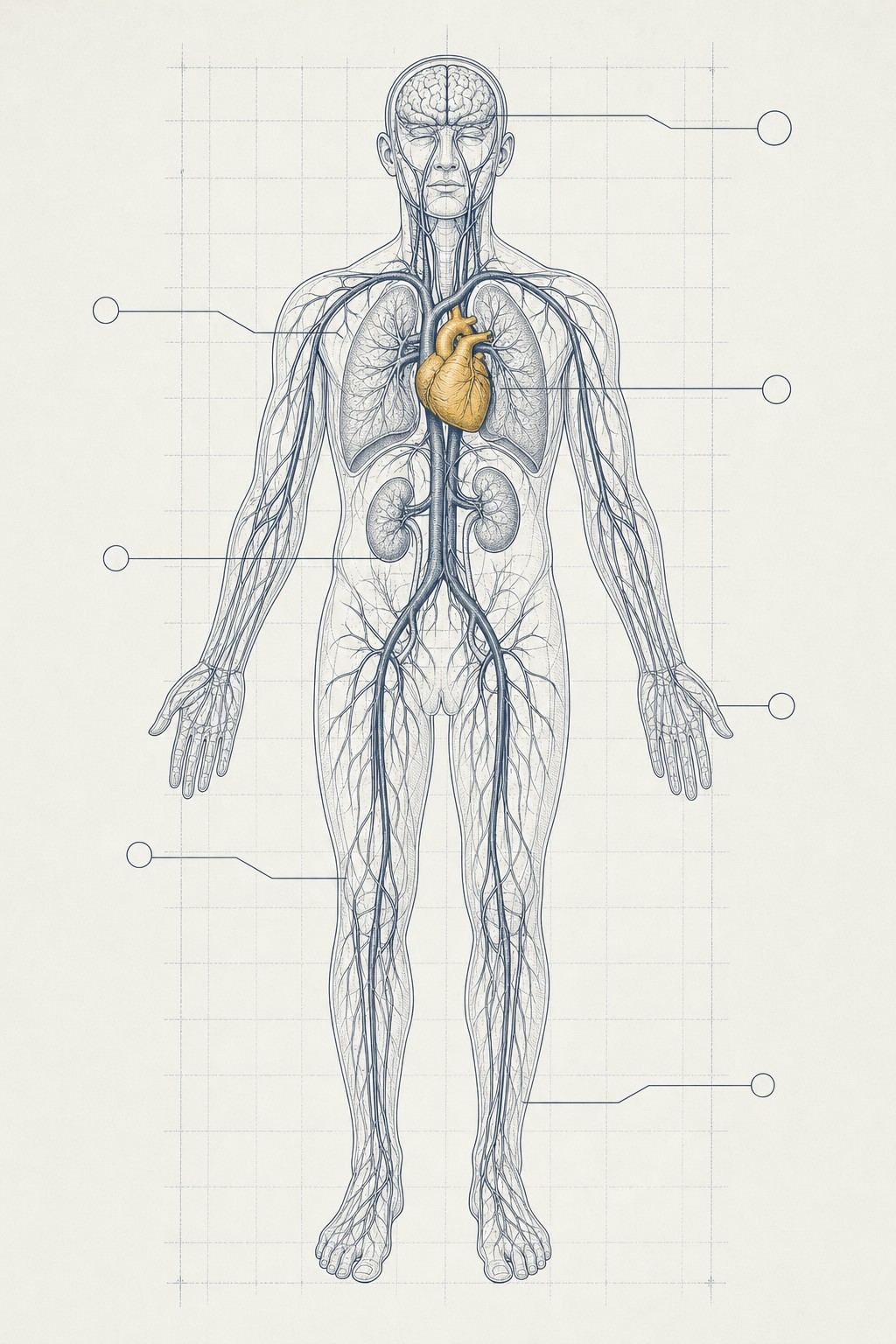 Pen-and-ink drawing of a standing human figure with the circulatory system traced in fine lines and the heart picked out in amber, labeled like an engineering diagram.