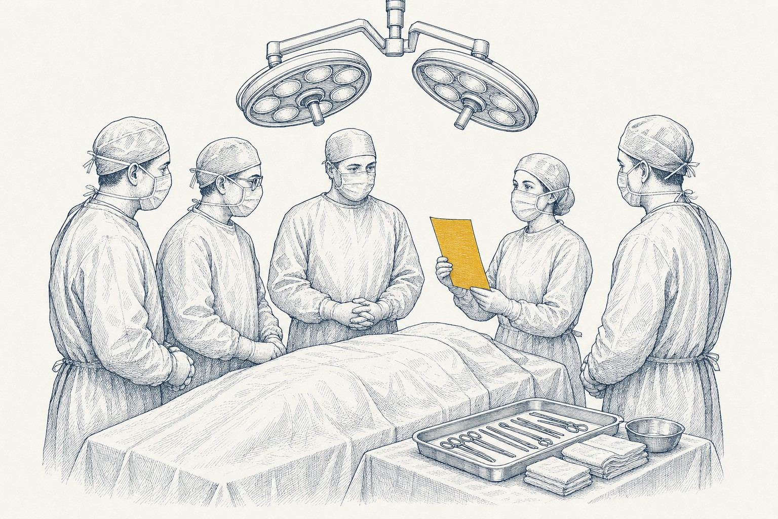 Pen-and-ink drawing of five gowned and masked surgical staff standing around a draped operating table while one holds up an amber checklist card.