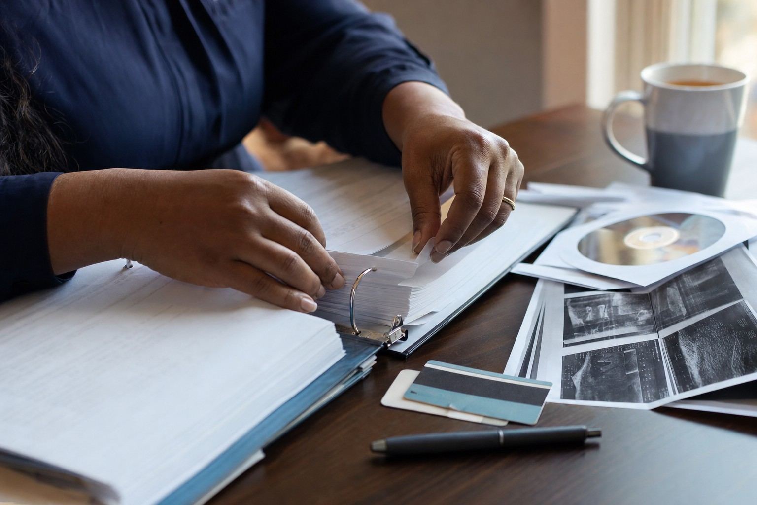 A woman's hands sorting tabbed pages in a thick binder of medical records, with insurance cards, scan printouts and a mug of tea on the table.
