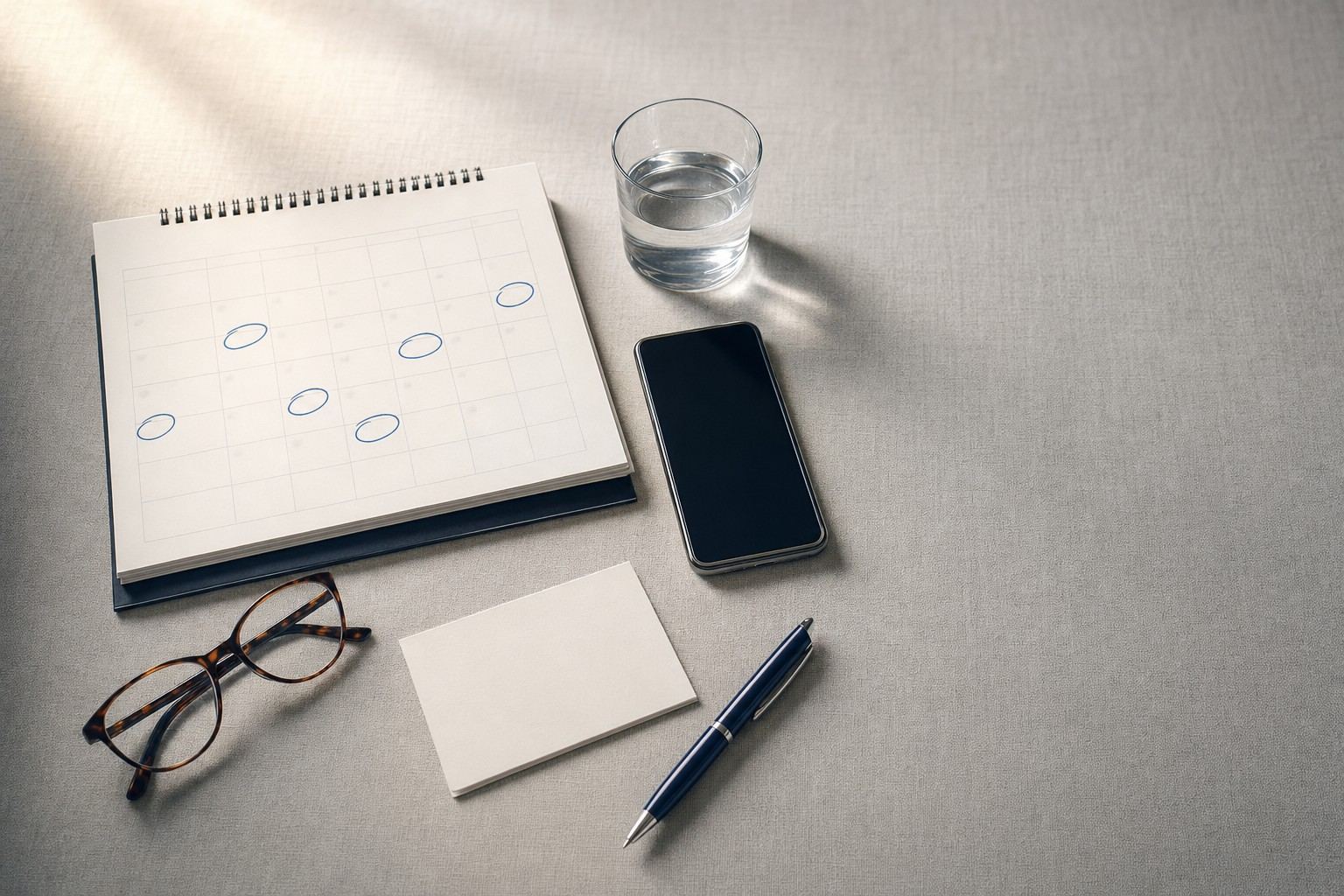 A desk calendar with several dates circled in blue, beside a phone, a glass of water, reading glasses, a pen and a blank card.