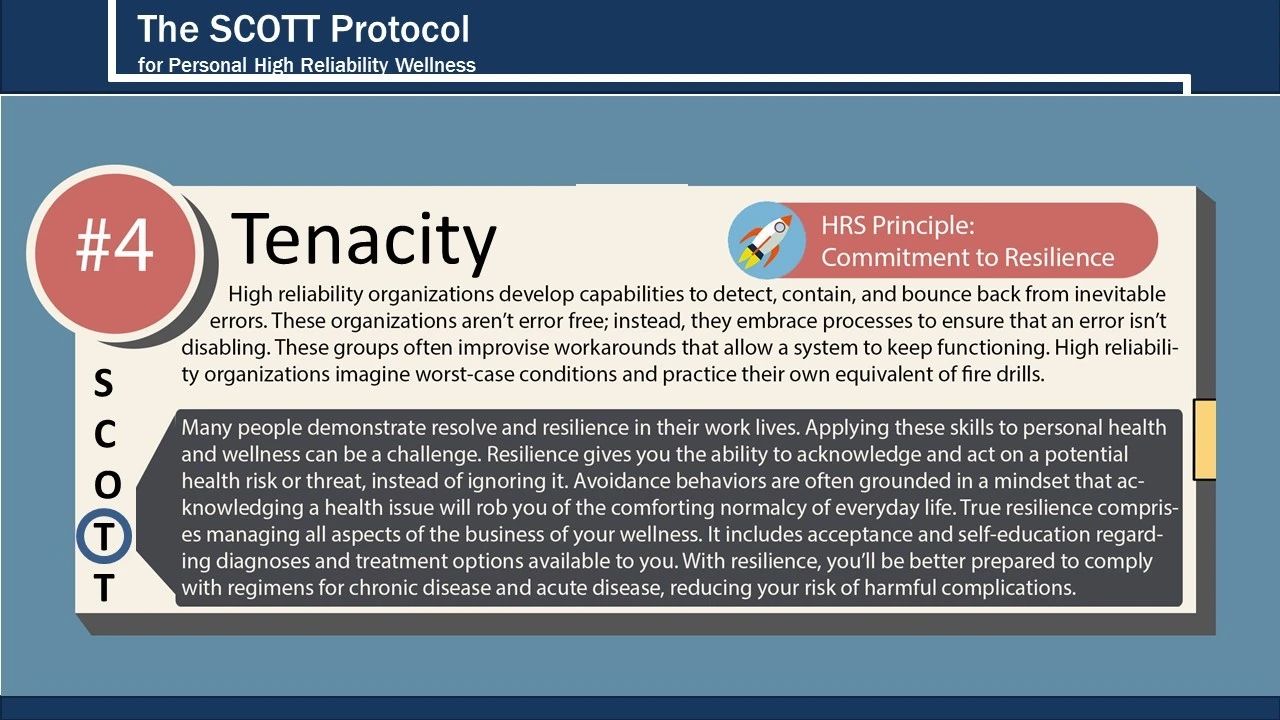 Dr. Scott's original slide 4, Tenacity, paired with the principle Commitment to Resilience. The full text is transcribed below the slide.