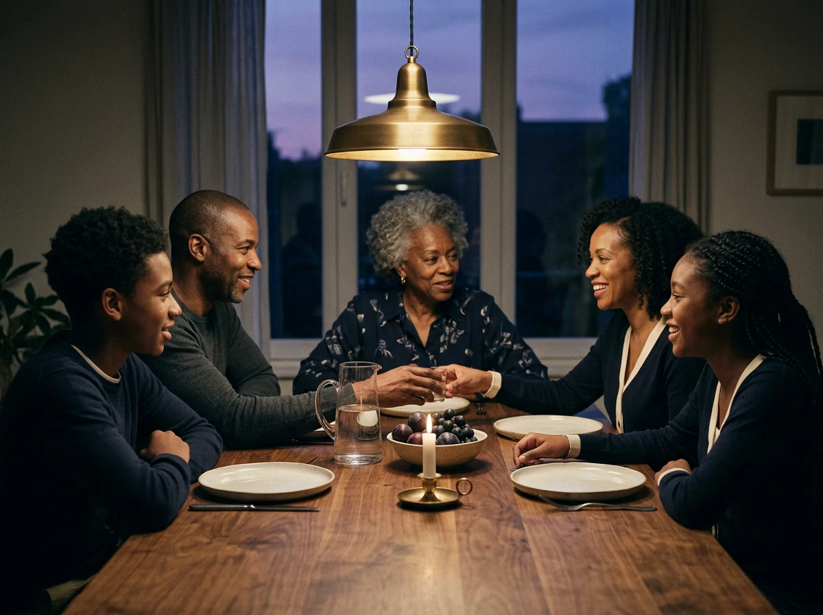 A multigenerational Black family gathered around a warm dinner table