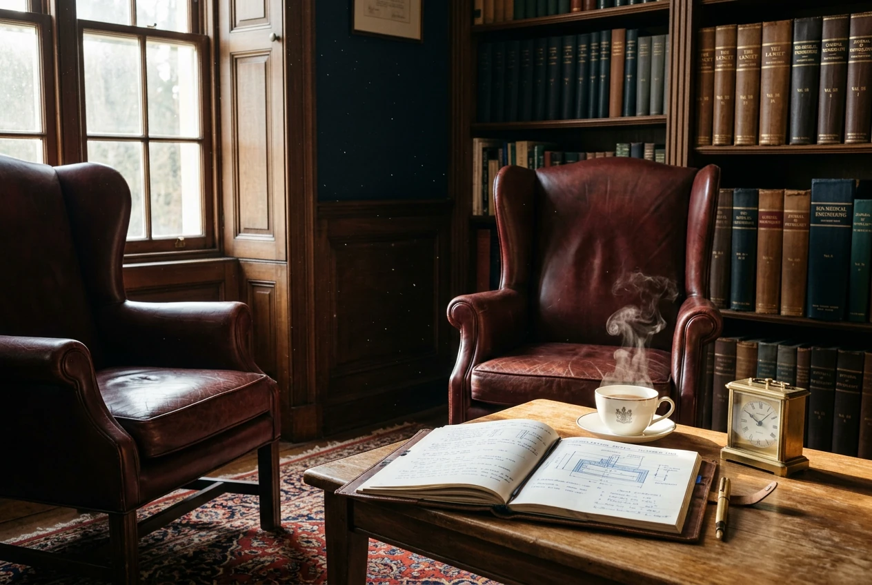 A warm wood-paneled consulting office with leather armchairs and a steaming teacup