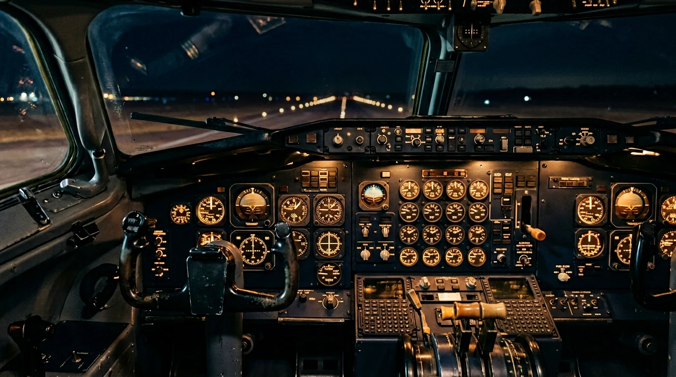 Warm amber dials glow in a vintage cockpit instrument panel at night