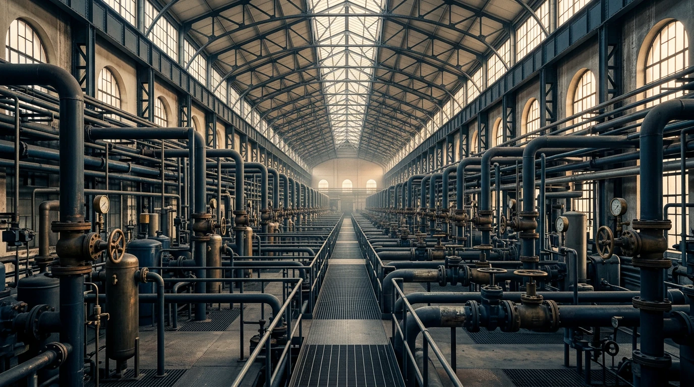 An industrial cathedral of steel pipes and pressure vessels in warm dawn light